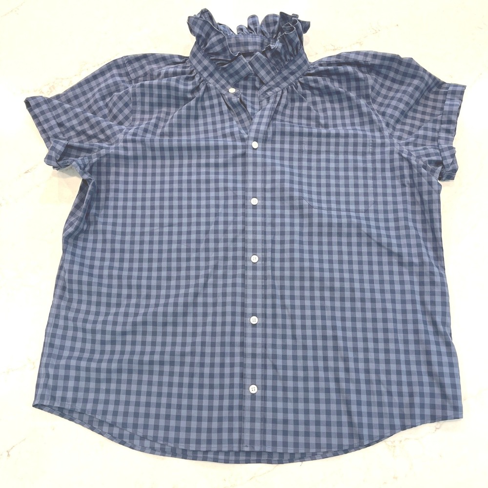 KMJ Kate McHale Jensen XL Blue Plaid‎ Ruffle Collar Short Sleeve Button Up Top